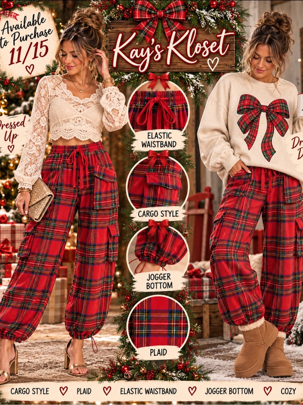 KW9–❤️💚🎄 (ETA 11/15) Red Plaid Cargo Jogger Pants